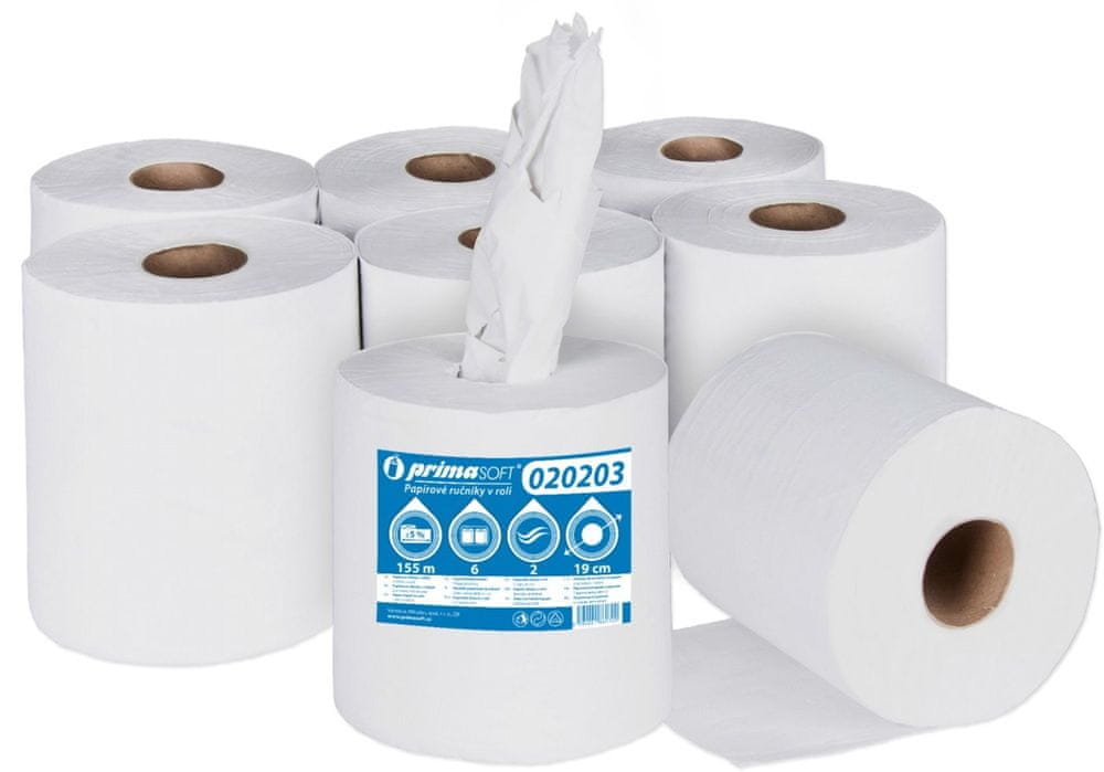 Primasoft Papierové uteráky v rolke, dvojvrstvové, bielený recykl, 155 m, 6 roliek